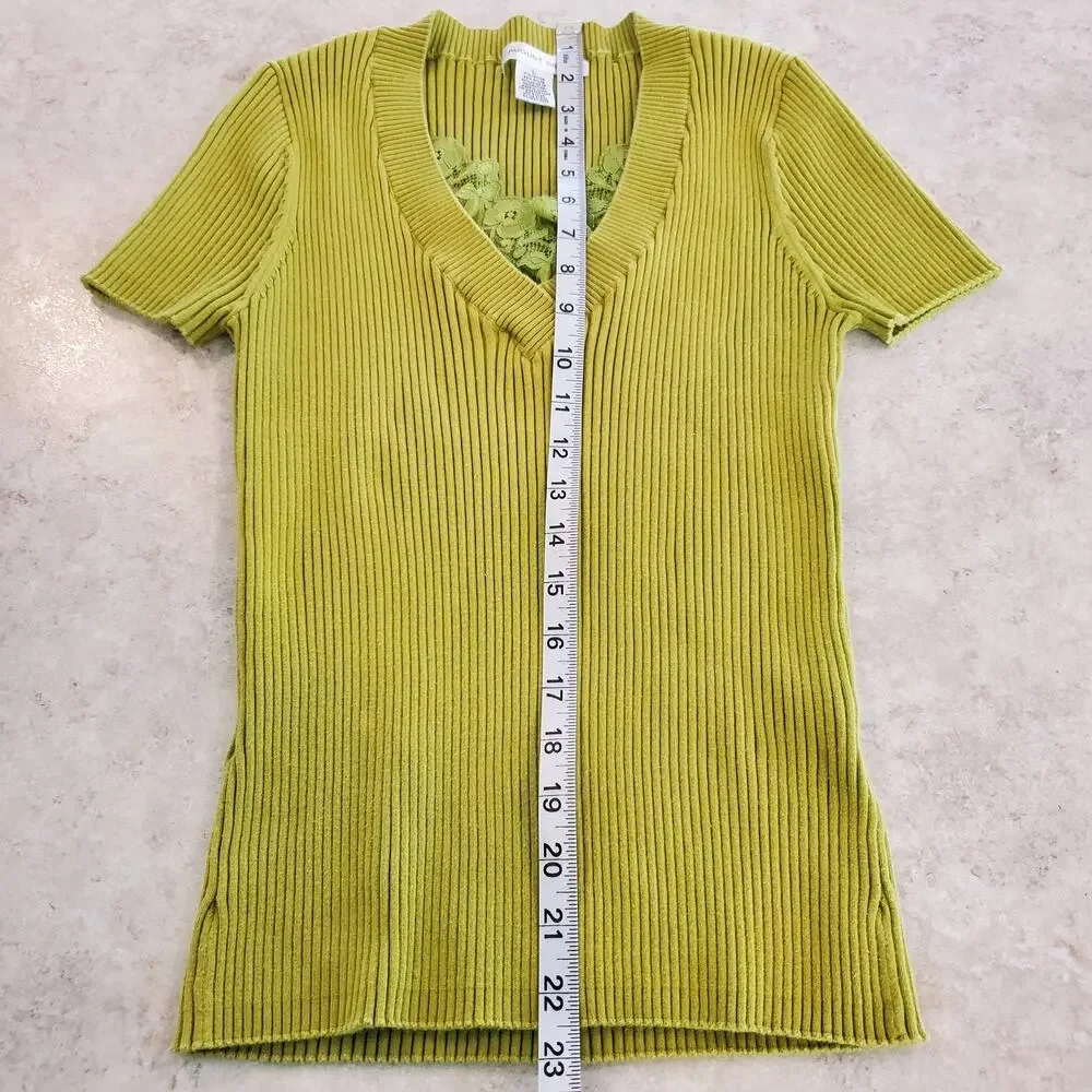 August Silk Spring Green V-Neck Sweater Tee with Lace Size L